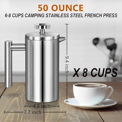 Large French Press Coffee Maker 50oz (1.5L), 304 Stainless Steel Double Wall Insulated Coffee Press for Camping, Backpacking, Party, Travel, Gift Set, Dishwasher Safe (Silver, 6-8 Cups)