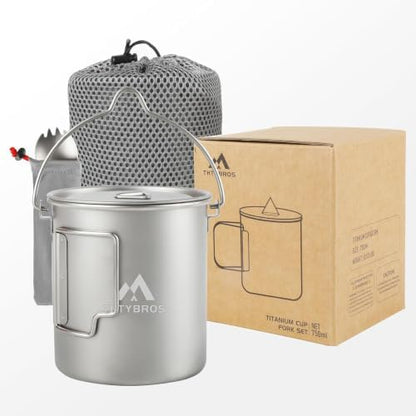 THTYBROS Titanium Cup Ultralight Camping Mug with Foldable Handle & Lid, Pure Titanium Cookware for Outdoor Hiking, Backpacking, Picnic, and Campfire