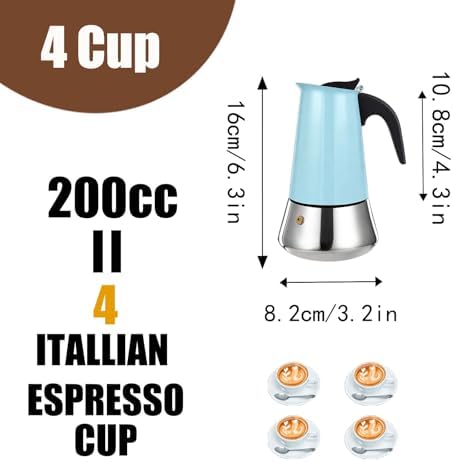 4 Cup Stovetop Espresso Maker Stainless Steel Moka Pot Stove Top Percolator Italian Coffee Makers Capable Mocha Greca Machine Cafe Classic Induction Cookers for Home and Camping 200ml 6.6oz