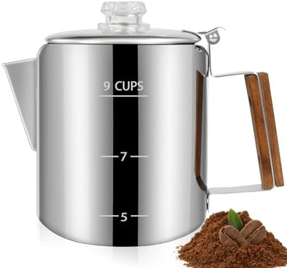 9 Cup Percolator 304 Stainless Steel Coffee Pot Coffee Maker Coffee Machine with Solid Wood Handle Transparent Knob Stovetop Greca Mocha for Induction Home and Camping 1500ml 50.7oz