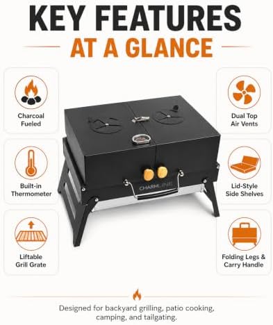 Charmline Portable Tabletop Charcoal Grill with Lid, Thermometer & Handle