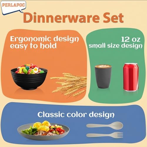 20 PCS Wheat Straw Plates and Bowls Sets,Kids Dishes Dinnerware Sets for 4,Unbreakable Kitchen Plates and Bowls Set for Travel Dishwasher & Microwave Safe Lightweight Dishes Set - BlackGrey