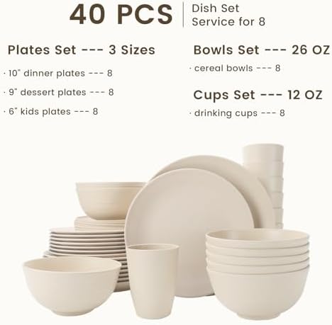 Homienly 40 PCS Dinnerware Set Service for 8, Kitchen Wheat Straw Dinnerware Set Unbreakable - Plates Set, Bowls Set,Cups Set, Microwave and Dishwasher Safe Dish Set for Dinner, Outdoor(Beige)