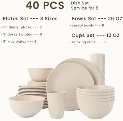 Homienly 40 PCS Dinnerware Set Service for 8, Kitchen Wheat Straw Dinnerware Set Unbreakable - Plates Set, Bowls Set,Cups Set, Microwave and Dishwasher Safe Dish Set for Dinner, Outdoor(Beige)