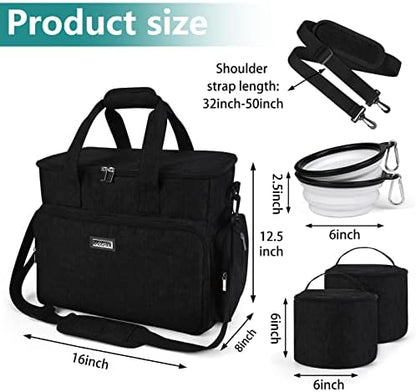 BAGLHER Dog Travel Bag, Airline Approved Pet Tote Organizer with Multi-Function Pockets, 2 X Food Storage Containers and 2 X Collapsible Bowls, Perfect Weekend Pet Travel Set for Dog, Cat Black