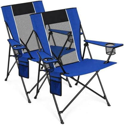 Romswi Portable Camping Chairs for Adult, Folding Outdoor Chairs with 2 Cup Holder, Folding Chair with Mesh Back for Outdoor, Fishing, Garden, 2-Pack, Blue