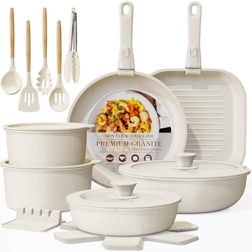 Astercook 23 Pcs Pots and Pans Set Non Stick, Ceramic Cookware Set Detachable Handle, RV Kitchen Cooking Set Removable Handles, Oven Safe, Induction Ready, Stackable, Cream, Fathers Day Gift for Men