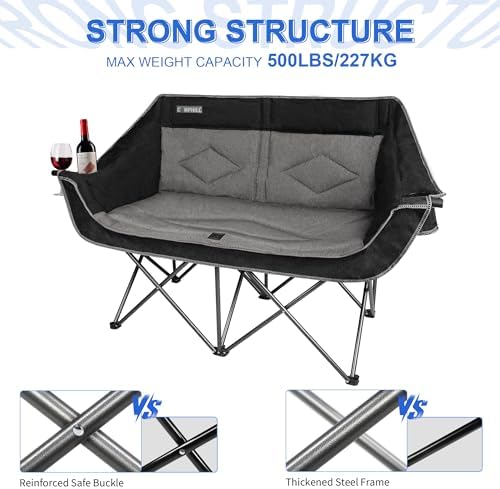 Oversized Double Camping Chair-Heavy Duty 2 Person Folding Loveseat Camp Couch for Adults,Portable Outdoor Lawn Chairs with Padded Seat for Fishing,Sports and Patio,Supports 500 LBS,Black