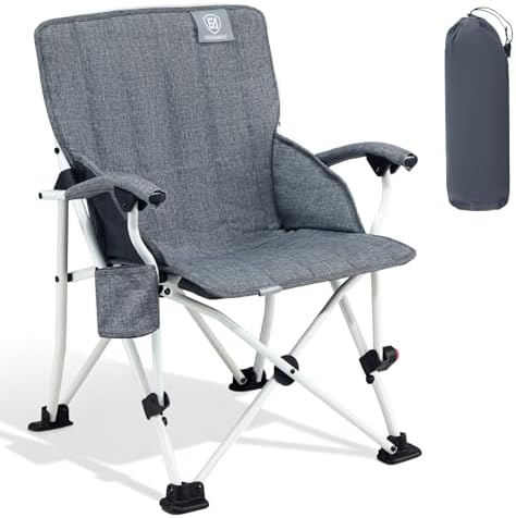 EVER ADVANCED Kids Camping Chairs with Cup Holder, Padded Folding Camping Chair Outdoor with Safety Lock, Carry Bag, Lightweight Portable Camp Chairs for Beach, Balcony, Patio, Supports 150lbs, Grey