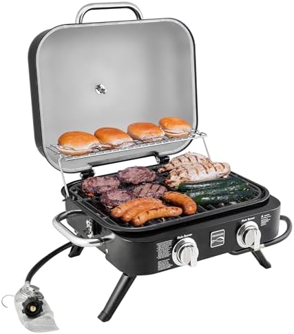 Kenmore Portable Propane Gas Grill - Tabletop BBQ Grill with Warming Rack, 2 Stainless Steel Burners with 14,000 BTUs, for Outdoor Kitchen, Camping, Black