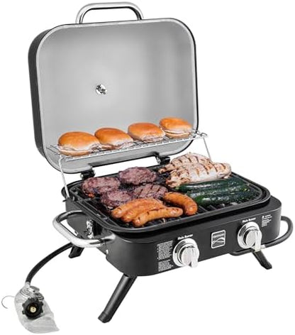 Kenmore Portable Propane Gas Grill - Tabletop BBQ Grill with Warming Rack, 2 Stainless Steel Burners with 14,000 BTUs, for Outdoor Kitchen, Camping, Black