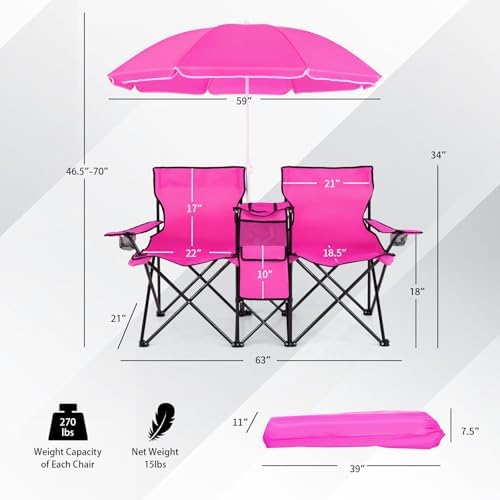 Goplus Double Camping Chairs with Umbrella, Cooler for Beach Patio
