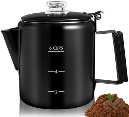 6 Cup Percolator 304 Stainless Steel Coffee Pot Coffee Maker Coffee Machine with Solid Wood Handle Transparent Knob Stovetop Greca Mocha for Induction Home and Camping 1000ml 33.8oz Black