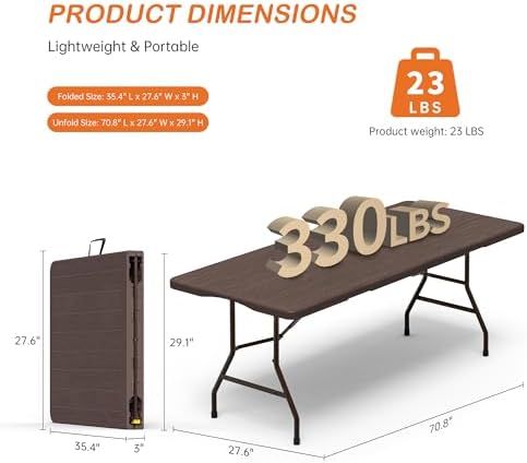 VSOAEIL 6 Foot Folding Table, 6 FT Foldable Plastic Table Heavy Duty HDPE