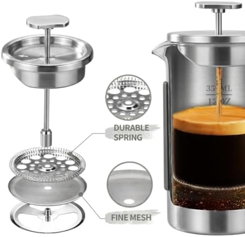 Small French Press, 12 oz French Press Coffee Maker, Mini Prensa Francesa for 2 Cups, Portable Stainless Steel Travel French Press, Single Serve for Home Office Camping