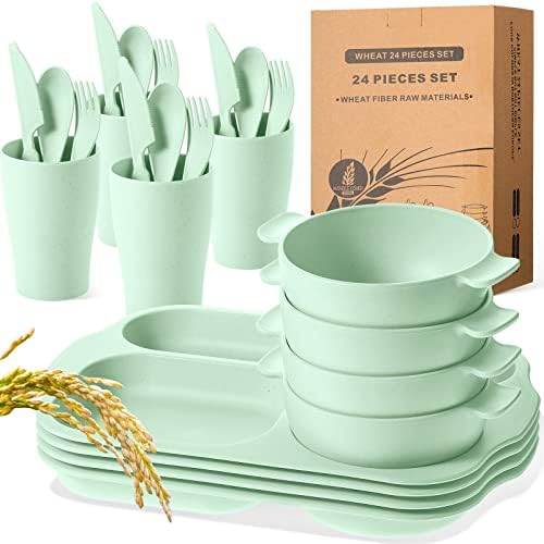 Honoson 24pcs Wheat Straw Dinnerware, Unbreakable, Green