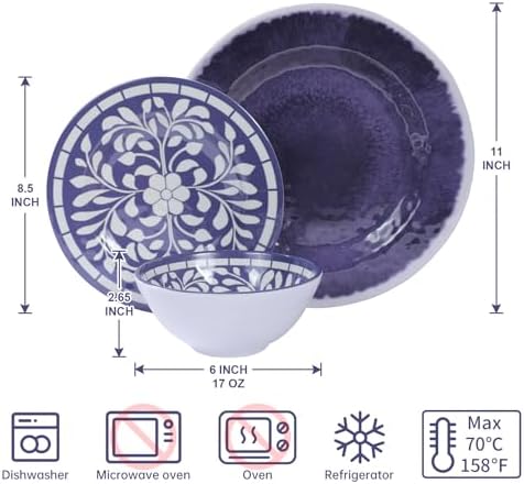 Melamine Dinnerware Set,12pcs Plates and Bowls Set - Blue-Purple