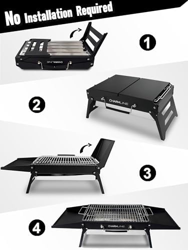 Charmline 15x11 inches Portable Charcoal Grill, Compact Portable BBQ Grill, Tabletop Charcoal Grills for Camping, Picnics, Gardens and Beach Parties, Black