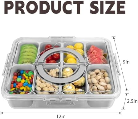 Divided Serving Tray with Lid and Handle,8 Compartments Snacks Box,Snack Fruit and Veggie Tray,Portable Platter for Candy Fruits Nuts Snack Party Entertaining Picnic (1 PCS Grey)