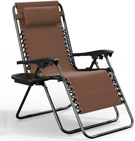 Nestl Zero Gravity Chairs, Portable Patio Lounge Chair Outdoor with Pillows & Cup Holder Trays, Adjustable Steel Mesh Reclining Camping Chair, Folding Patio Lawn Chair for Deck, Beach, Yard - Brown
