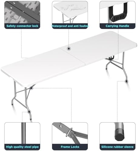 Folding Table Picnic Table, 8 ft Camping Table with Handle and Safety Locks