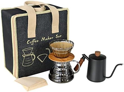 SOTECH Pour Over Coffee Maker Set with Black Gooseneck Kettle Wooden Storage Tray Coffee Dripper Glass Server Coffee Scoop DIY Manual Coffee Maker Set (Portable Sack Set) (coffee maker set)