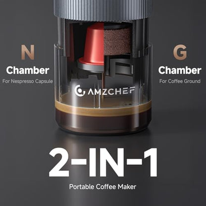 AMZCHEF Portable Coffee Maker for Ground & NS Capsule, 9000mAh Battery