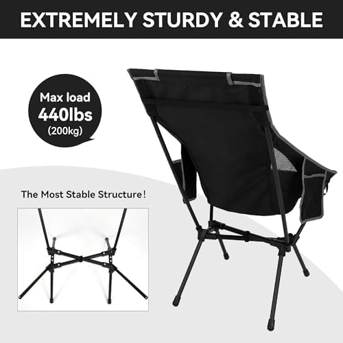 High Back Camping Chair for Adults, Folding Chair Supports 440 lbs, Lightweight Portable Backpacking Chair with Adjustable Pillow for Hiking & Camping