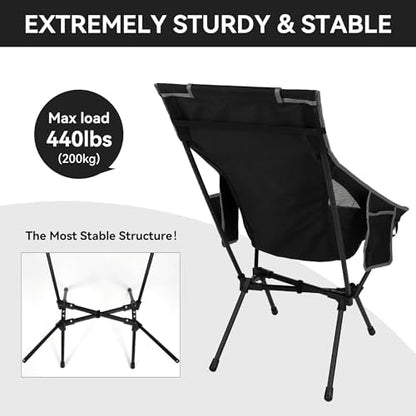 High Back Camping Chair for Adults, Folding Chair Supports 440 lbs, Lightweight Portable Backpacking Chair with Adjustable Pillow for Hiking & Camping