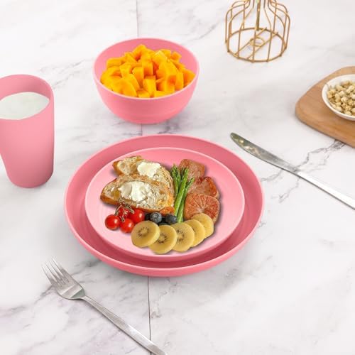 Pink Dinnerware Sets for 8,Pink Plates and Bowls Sets Plastic,Wheat Straw Dinnerware Sets Unbreakable Microwave Safe Lightweight,32 Pcs Christmas Dishes Set for Elderly Kitchen Outdoor