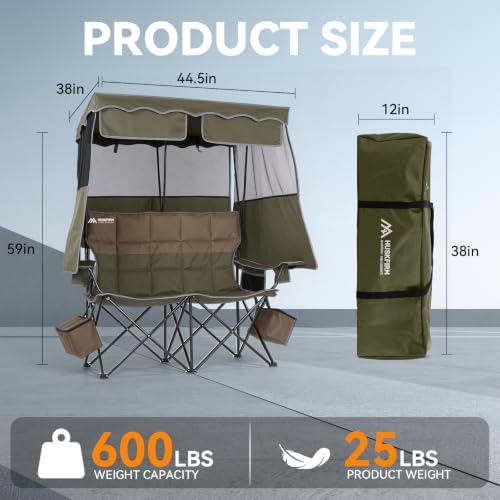 Padded Double Camping Chair With Canopy,Folding Chair Support 450LBS, Green