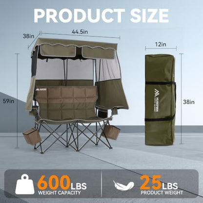 Padded Double Camping Chair With Canopy,Folding Chair Support 450LBS, Green