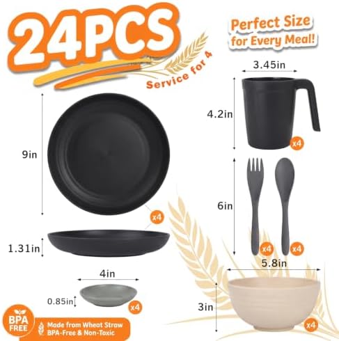 Wrova 24PCS Wheat Straw Dinnerware Sets for 4, Modern Plates and Bowls Sets