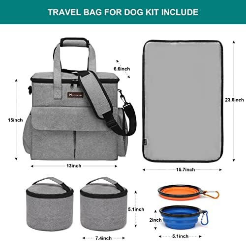 Modoker Weekend Dog Travel Bag Set with 2 Food Bags, 2 Bowls and Mat, Grey