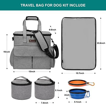Modoker Weekend Dog Travel Bag Set with 2 Food Bags, 2 Bowls and Mat, Grey