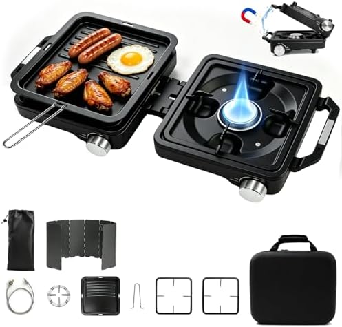 2 Burner Folding Camping Stove, 24000 BTU Propane Camp Stove with Windshield, Adjustable Burners Gas Stove with Frying Pan, Coffee Stand, Carry Bag for Camping, RV, Tailgating, Outdoor Picnic, Black