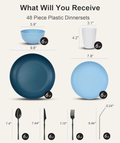 Quatish 48 Piece Plastic Plates and Bowls Sets for 6, Dinnerware Sets, Blue
