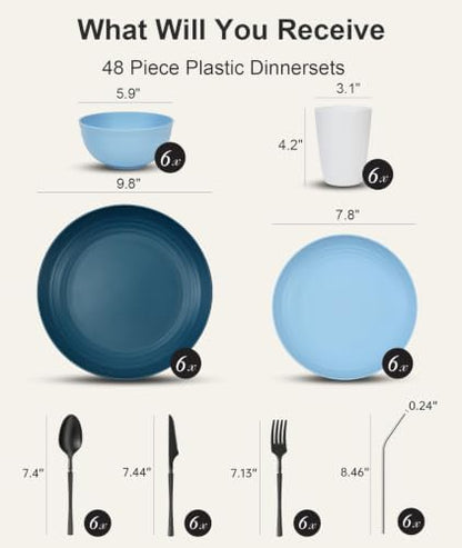 Quatish 48 Piece Plastic Plates and Bowls Sets for 6, Dinnerware Sets, Blue