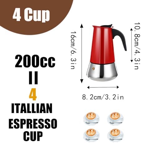 4 Cup Stovetop Espresso Maker Stainless Steel Moka Pot Stove Top Percolator Italian Coffee Makers Capable Mocha Greca Machine Cafe Classic Induction Cookers for Home and Camping 200ml 6.6oz