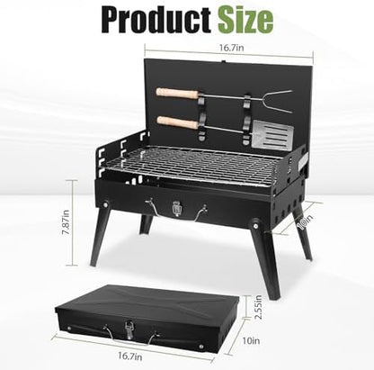 Portable Charcoal Grill, Small Foldable BBQ Suitcase Grill with Storage Shelf, Barbecue Grill for Outdoor Camping Picnics Garden Backyard Patio Parties, 16.7"×10"×17.7"