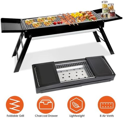 KOCASO Foldable Charcoal BBQ Grill with Shelf Stainless Steel Grill Net Easy Setup Portable Tabletop Barbecue Grill for Camping Picnic Outdoor Party Backyard