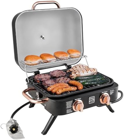 Kenmore 2-Burner Portable Gas Grill, Tabletop BBQ Grill with Warming Rack, Foldable Legs, Stainless Steel Burners, Fits 5 & 20 lb Propane Tanks, Ideal for Camping & Tailgating, Black & Copper