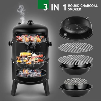 Outvita Vertical 17 Inch Charcoal BBQ Smoker, 3-in-1 Portable Grill Cooker