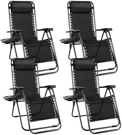 Sweetcrispy Zero Gravity Chairs, Set of 4 Portable Recliner Beach Camping Patio Outdoor Folding Lounge Chair with Cup Holder Trays and Adjustable Pillow for Poolside, Garden, Backyard, Lawn, Black