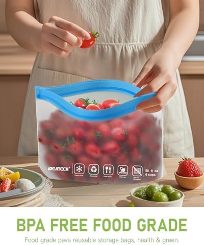 IDEATECH 20Pack Reusable Bags Dishwasher Safe, Leakproof Reusable Freezer Bags, BPA Free Healthy Food Storage Contaizers Sandwich Snack Baggies for Lunch Travel(8 Gallon 6 Quart 6 Snack,Colored)