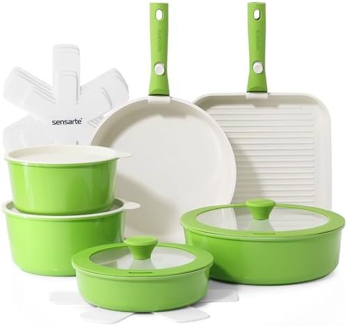SENSARTE 17 Piece Ceramic Detachable Handle Pots and Pans Set Green