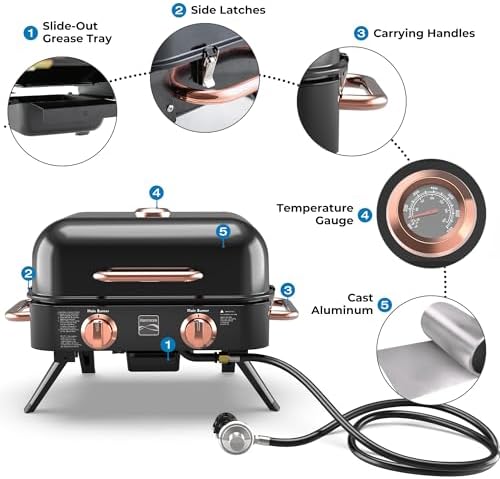 Kenmore 2-Burner Portable Gas Grill, Tabletop BBQ Grill with Warming Rack, Foldable Legs, Stainless Steel Burners, Fits 5 & 20 lb Propane Tanks, Ideal for Camping & Tailgating, Black & Copper