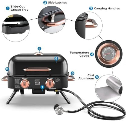 Kenmore 2-Burner Portable Gas Grill, Tabletop BBQ Grill with Warming Rack, Foldable Legs, Stainless Steel Burners, Fits 5 & 20 lb Propane Tanks, Ideal for Camping & Tailgating, Black & Copper