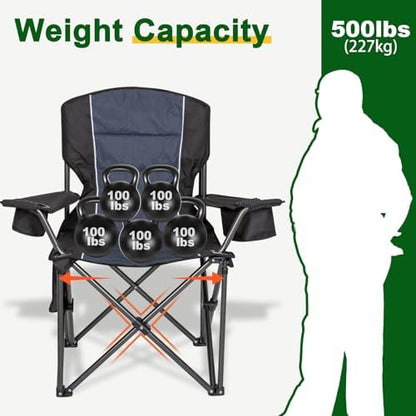 Oversized Padded High Back Camping Chairs,2 Pcs Heavy Duty Folding Chairs Support 500LBS with Cooler Bag,Cup Holder Cooler Bag, Collapsible Chairs for Outdoor, Tailgate, Fishing, Black