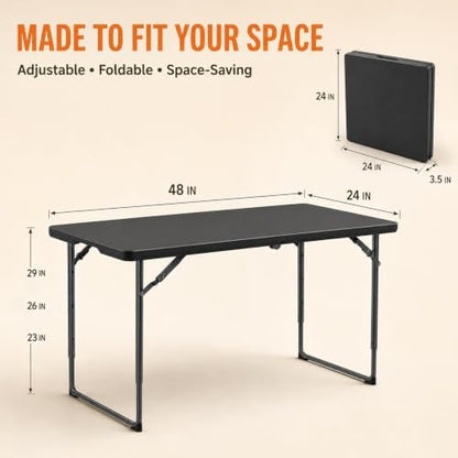 4FT Folding Table, 2 Pack Height with Built in Handle, Heavy Duty Fold-in-Half Portable Table, 400 lbs Capacity Foldable Table for Party Dining Camping Events Picnic Outdoor Indoor Use